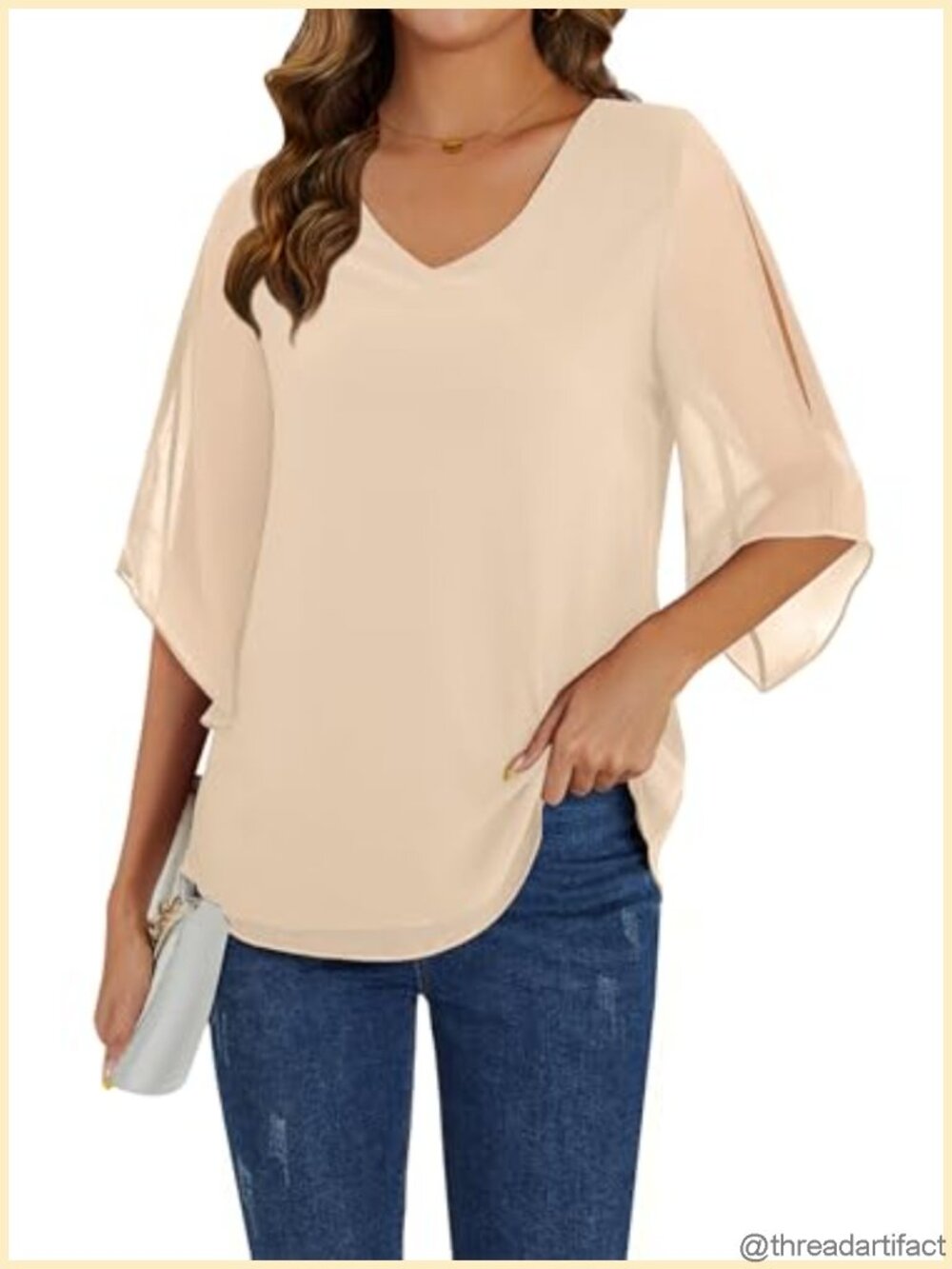 Women's Chiffon Blouse 3/4 Ruffle Sleeve V-Neck Tunic Top